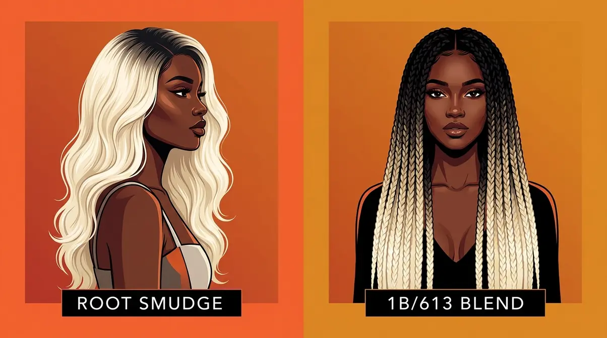613 hair color on dark skin tones showing root smudge style and 1B/613 blend braid variations side by side