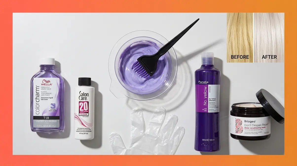 613 hair toning supplies including violet toner, developer, mixing bowl, applicator brush, and purple shampoo flat-lay