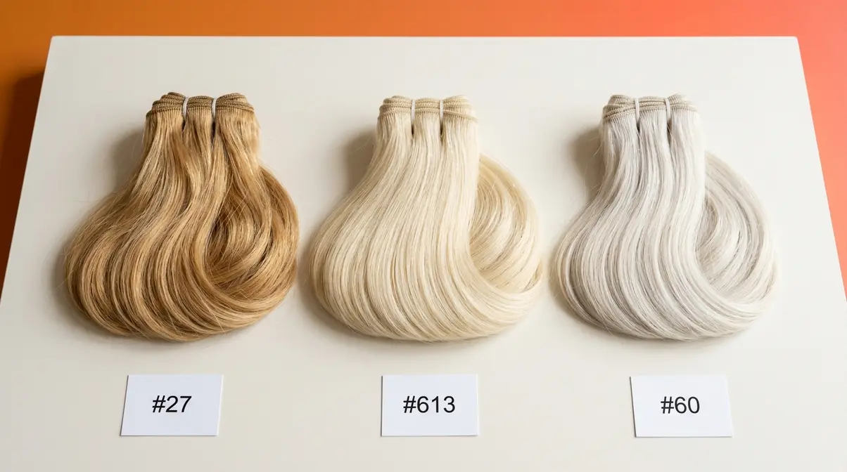 Three hair bundles side by side showing 27 honey blonde, 613 platinum blonde, and 60 icy white platinum color differences
