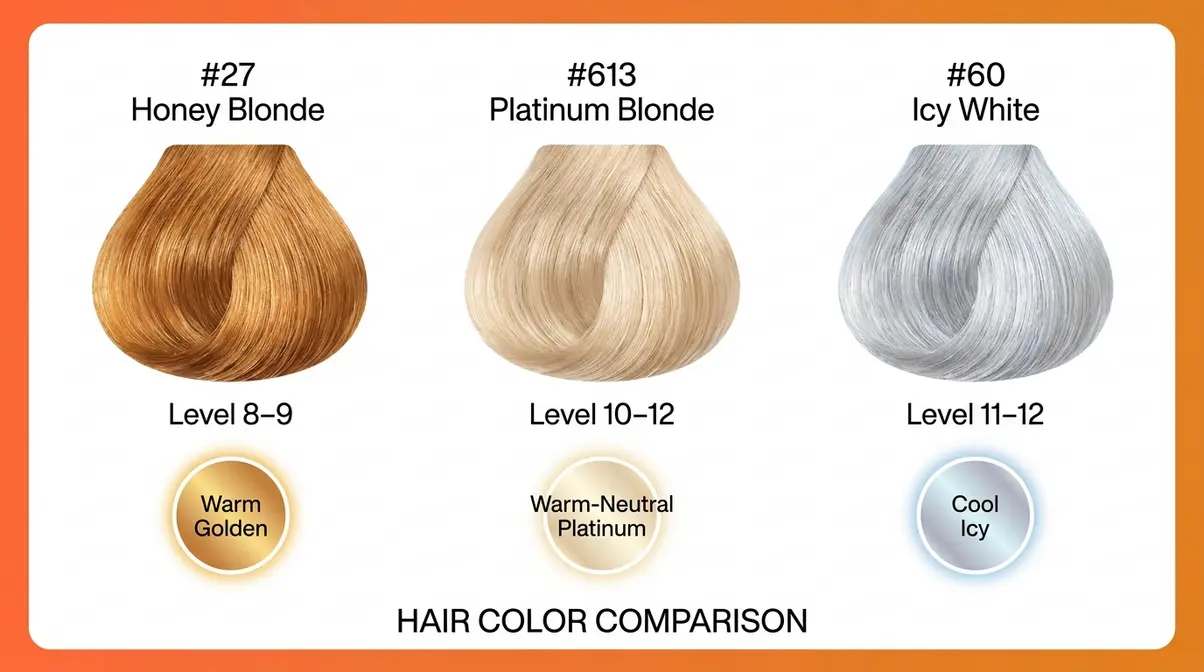 Side-by-side comparison of hair color 27 honey blonde, 613 platinum blonde, and 60 icy white platinum showing undertone differences