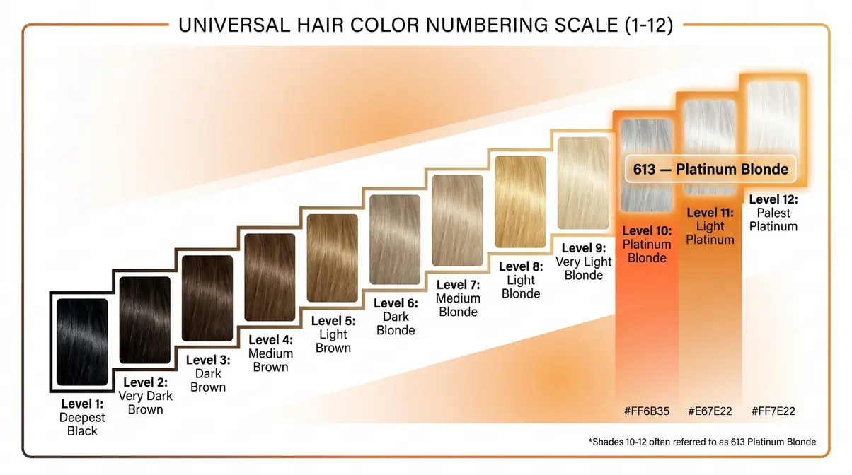 Hair color numbering scale from Level 1 black to Level 12 platinum blonde with 613 highlighted at the lightest end