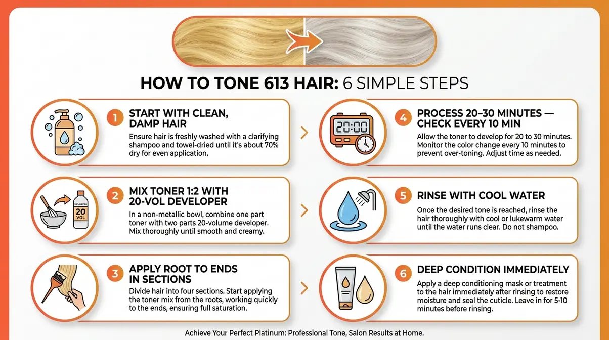 Step-by-step infographic showing how to tone 613 hair from brassy yellow to ash blonde using toner and developer
