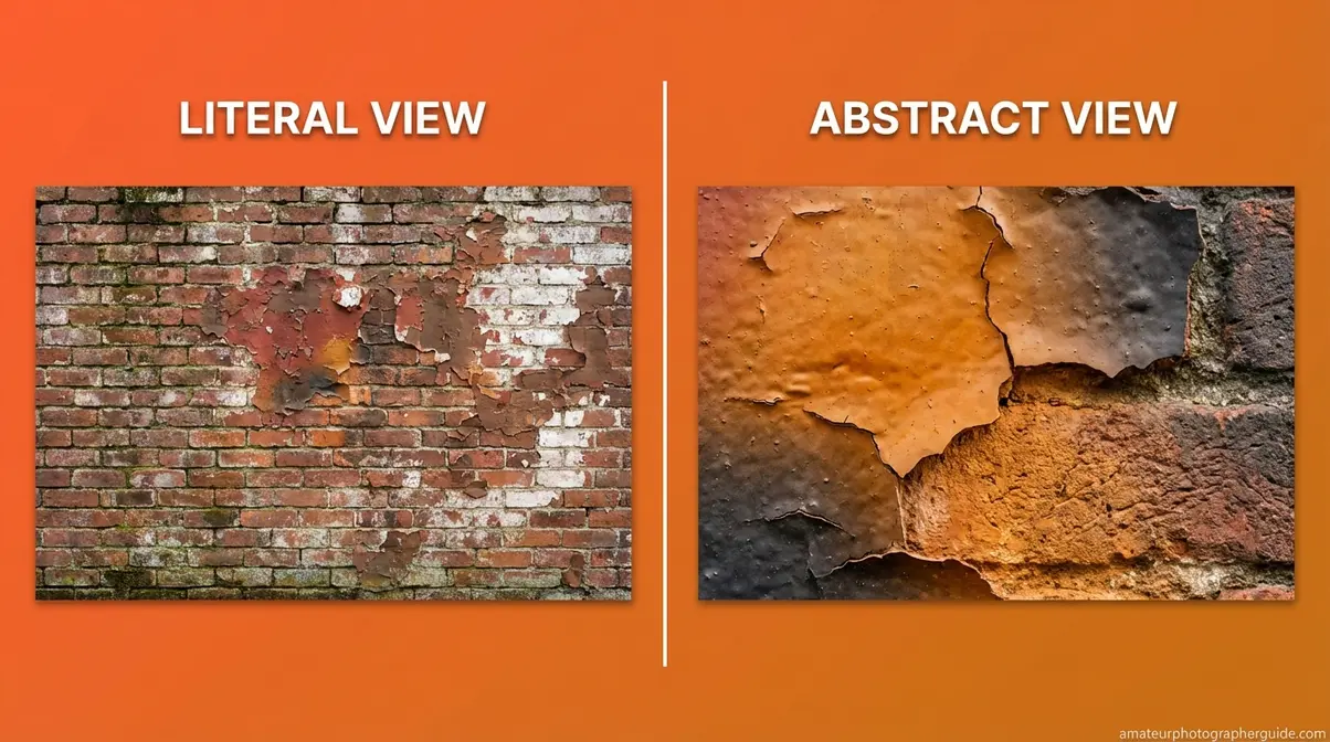 Abstract photography before and after comparison of peeling paint wall literal view versus tightly cropped abstract version