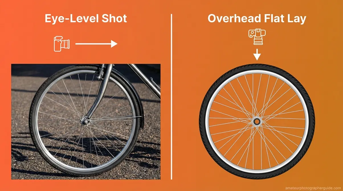 Abstract photography perspective comparison showing overhead flat lay of wheel versus standard eye-level shot