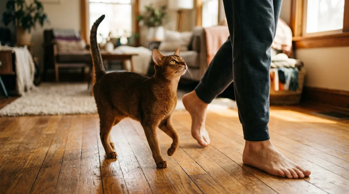 Abyssinian cat following owner's feet closely showing active affection and loyal companionship behavior