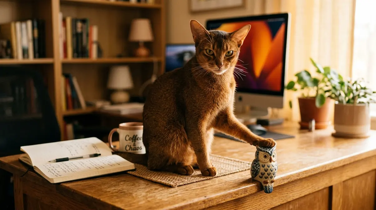 Abyssinian cat poised to knock object off desk showing classic boredom-driven mischief behavior
