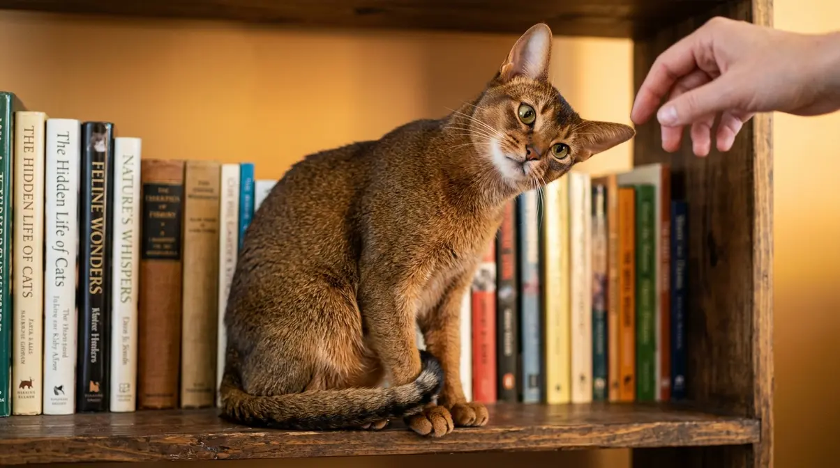 Abyssinian cat showing curious intelligent personality perched on shelf with ears forward
