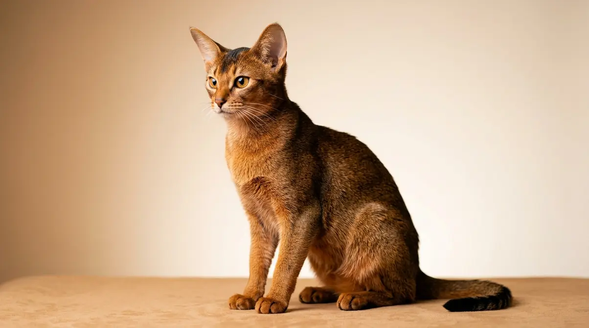 Abyssinian cat in ruddy ticked coat showing breed's distinctive agouti coloring and athletic lean build