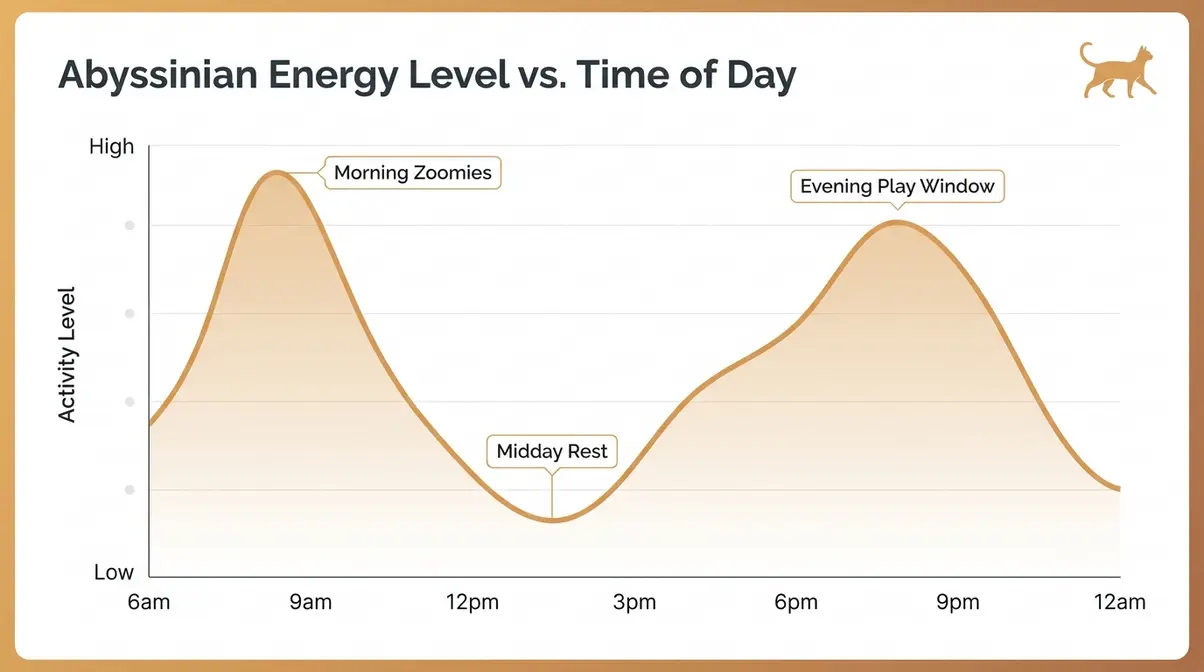 Line chart showing Abyssinian cat activity peaks in morning and evening with a midday rest dip