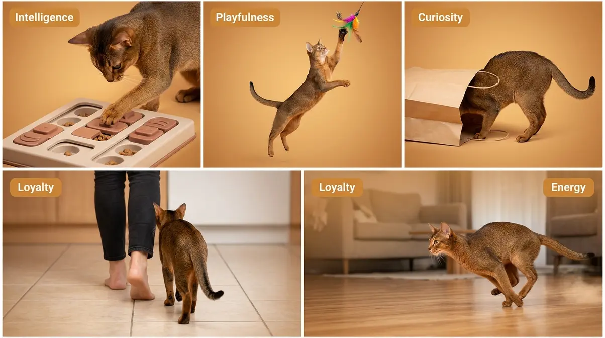 Five panels showing Abyssinian cat core personality traits: intelligence, playfulness, curiosity, loyalty, and energy