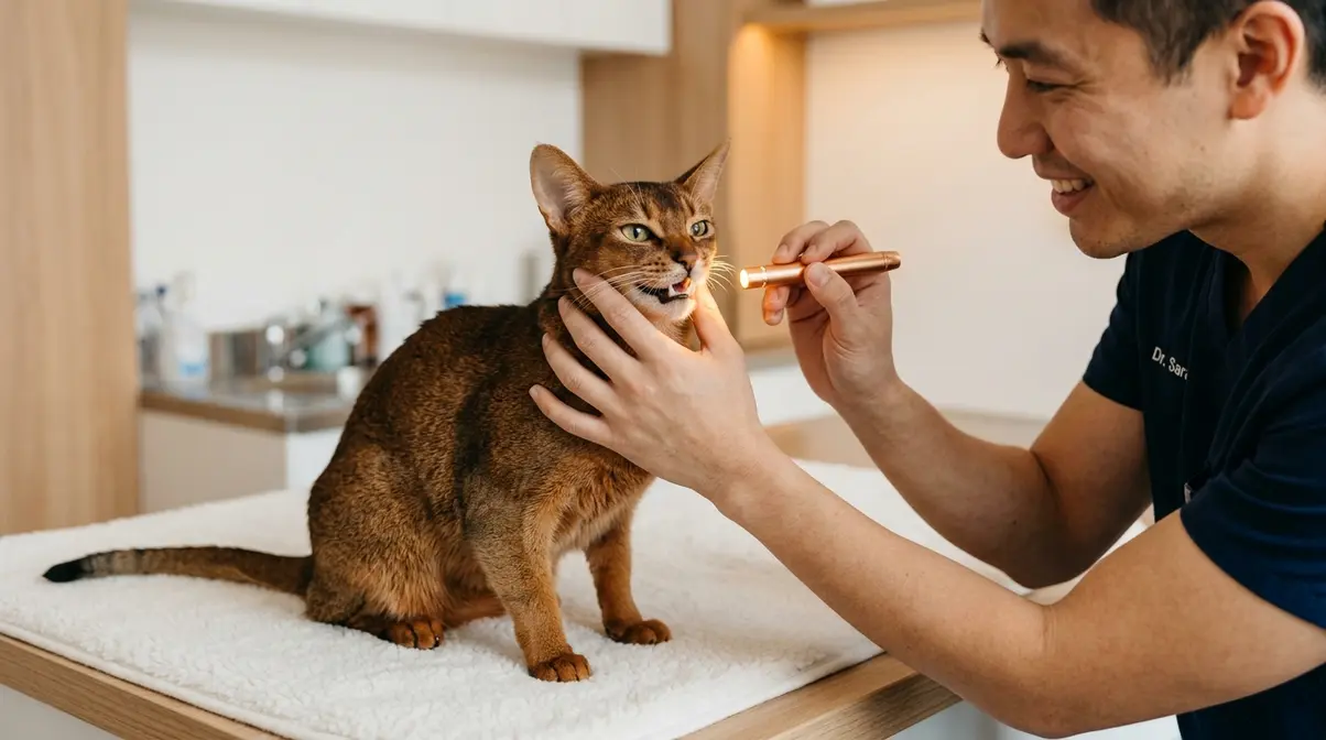 Abyssinian cat receiving dental health check at veterinary clinic highlighting breed health care needs