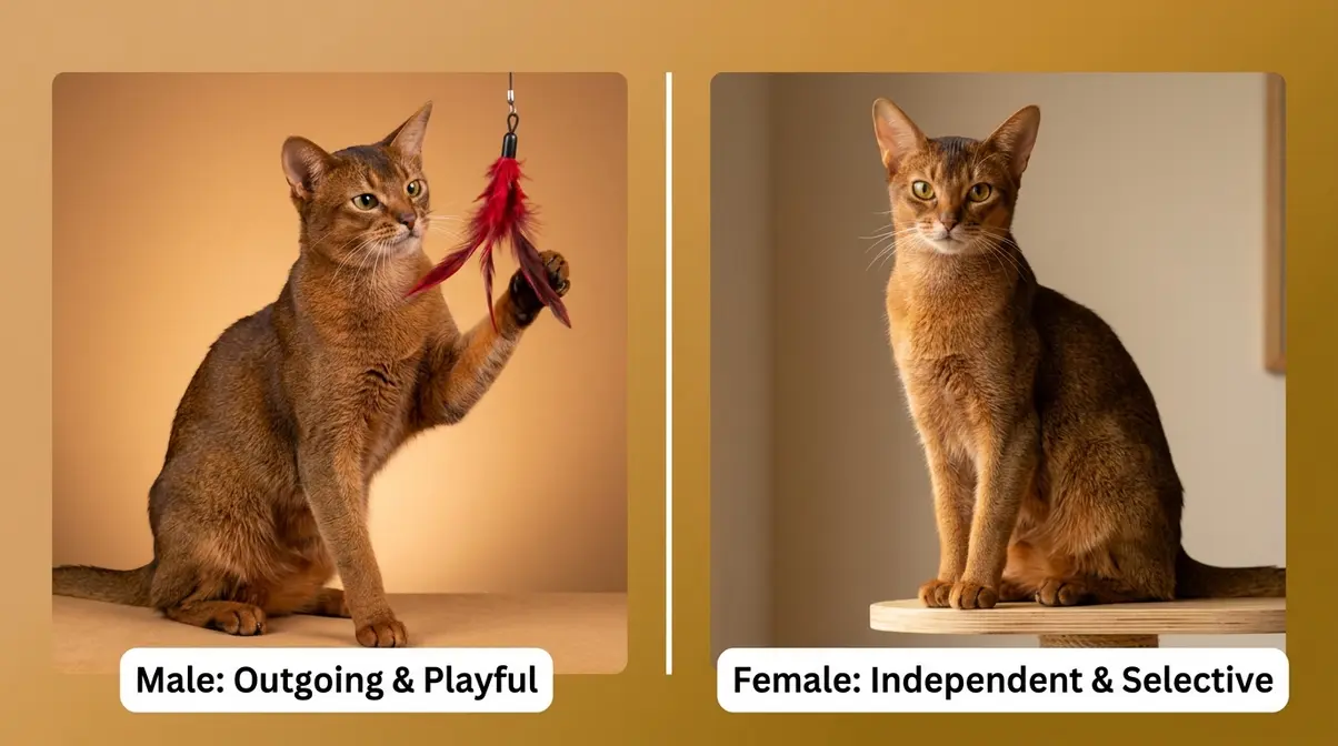 Male and female Abyssinian cats side by side showing personality differences in posture and engagement style