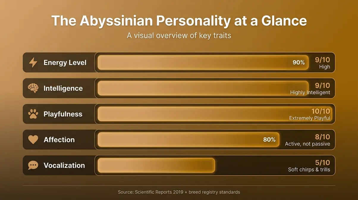 Infographic showing Abyssinian cat personality traits: energy, intelligence, affection, playfulness, and vocalization levels rated