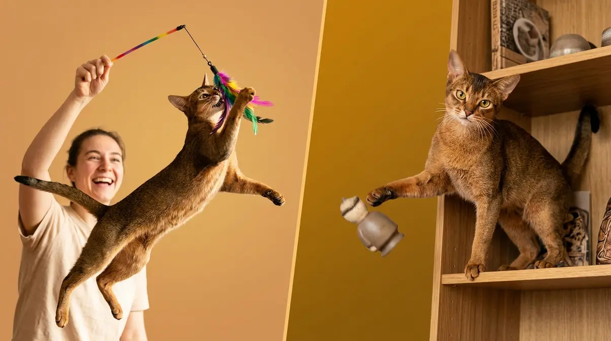 Abyssinian cat showing both joyful play behavior and mischievous shelf-clearing in split comparison image