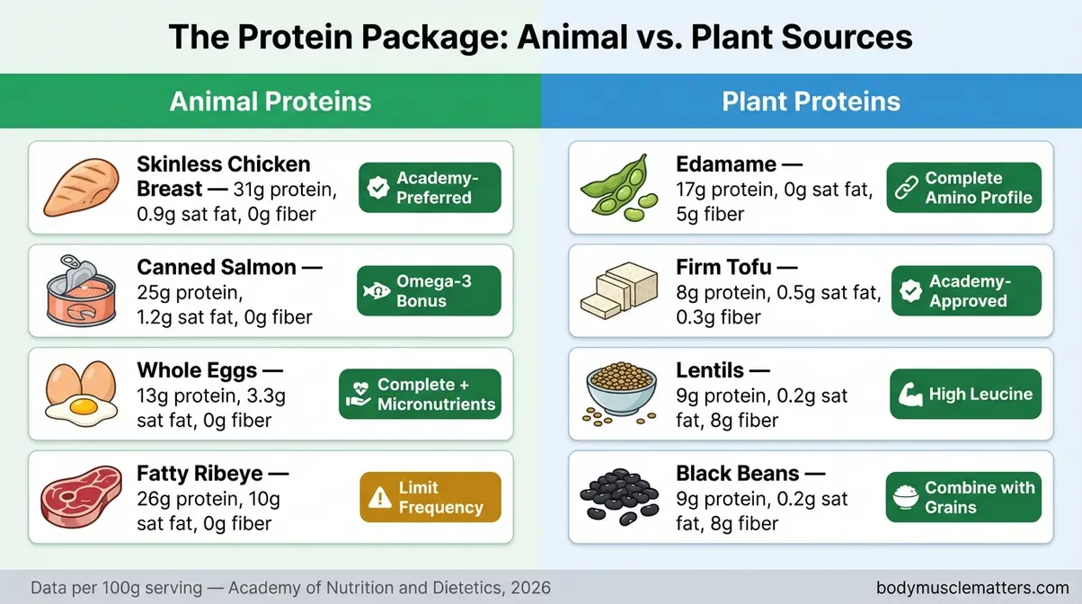 Infographic comparing animal and plant protein sources by protein content, saturated fat, and fiber per serving for Academy of Nutrition and Dietetics approved foods