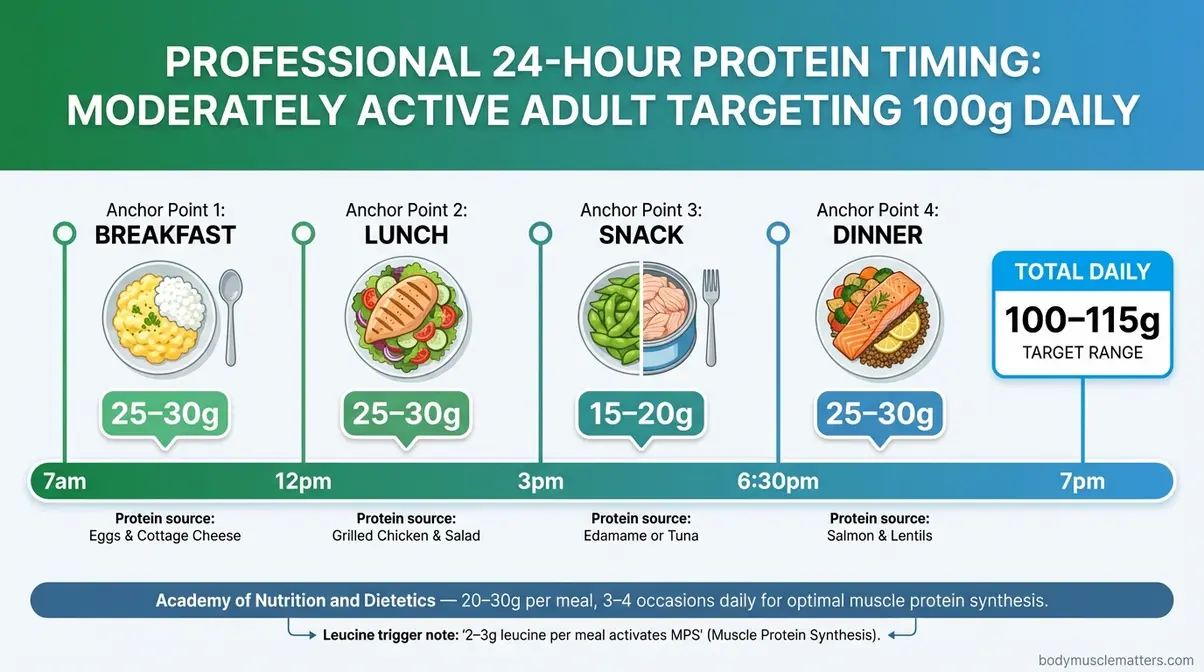 Protein timing infographic showing 20 to 30 gram distribution across breakfast, lunch, snack, and dinner for a moderately active adult