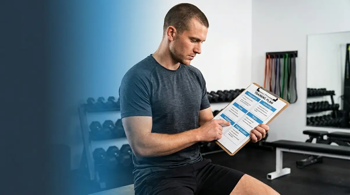 ACSM core strength training guidelines FITT-VP framework shown on athlete training plan clipboard