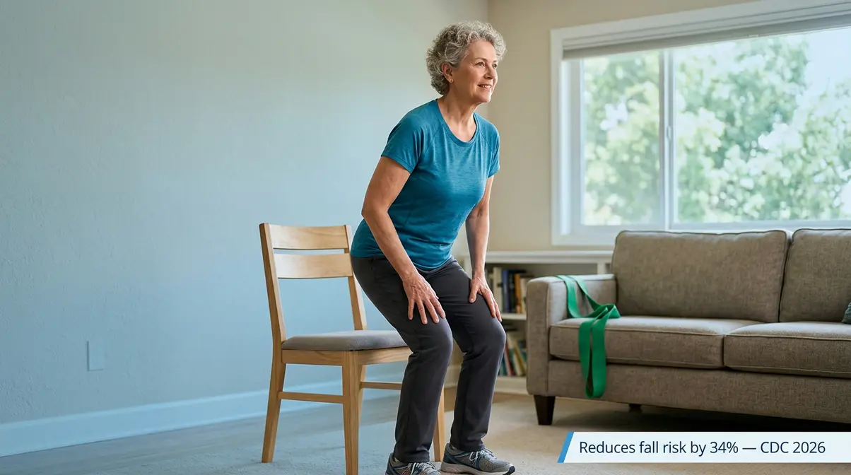 Older adult performing chair sit-to-stand resistance training exercise following ACSM guidelines for adults over 65
