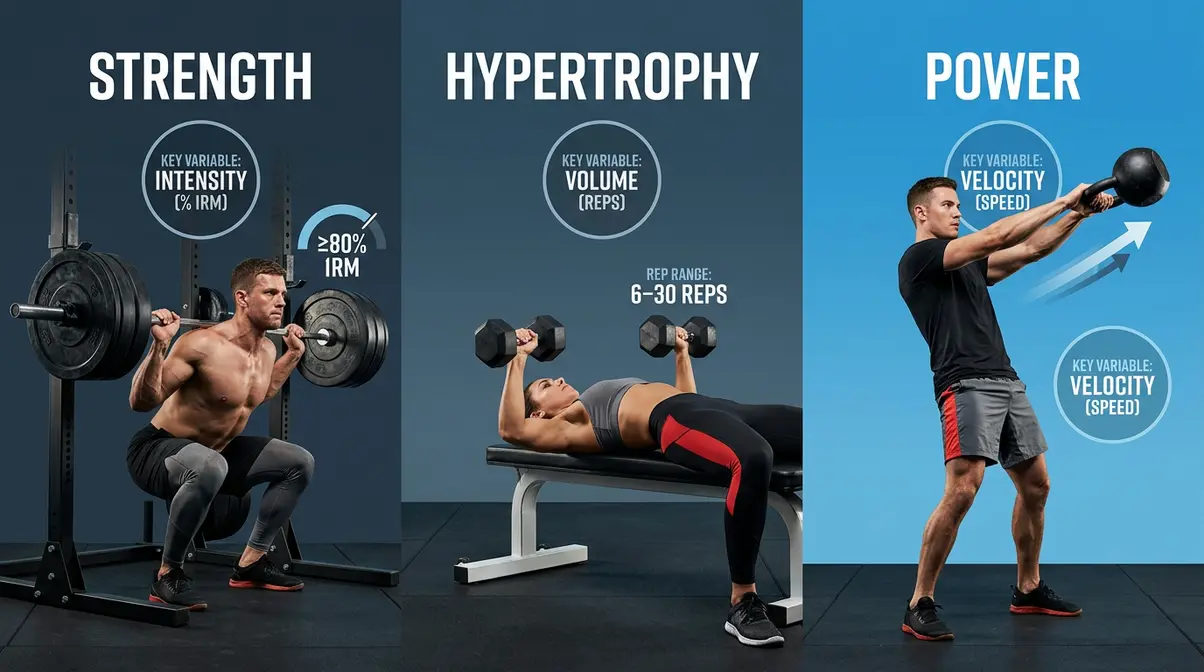 ACSM strength training goals comparison showing three panels for maximal strength, hypertrophy, and muscular power protocols
