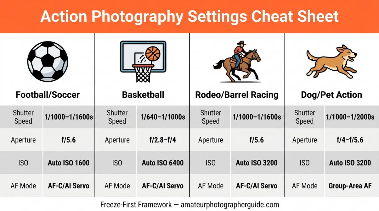 Action photography settings cheat sheet for outdoor football, indoor basketball, rodeo, and pet photography