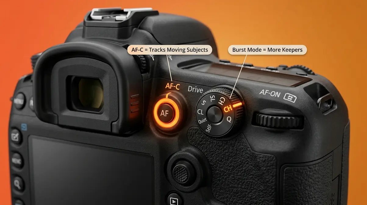 Camera back panel showing AF-C autofocus mode and continuous high burst drive mode settings for action photography