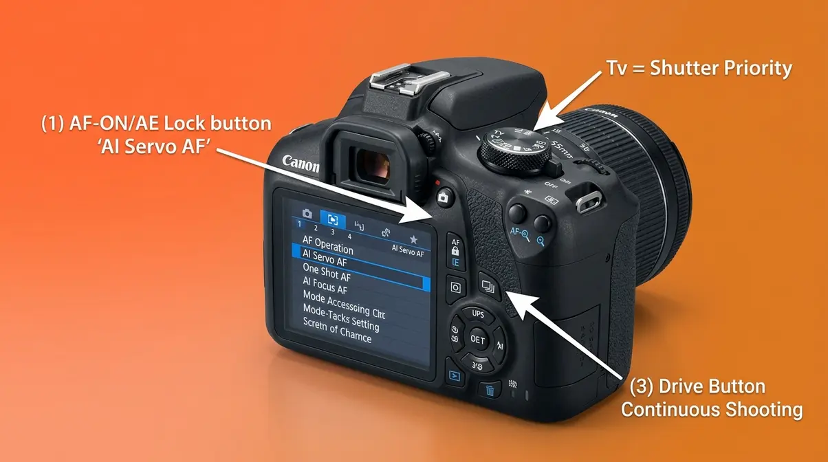 Canon Rebel T7 camera showing AI Servo AF menu setting and Tv shutter priority mode for action photography