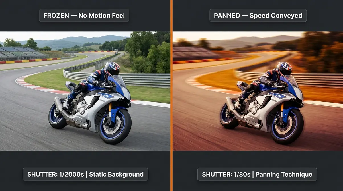 Panning technique in action photography settings comparing frozen shot at 1/2000s versus dynamic panned shot at 1/80s