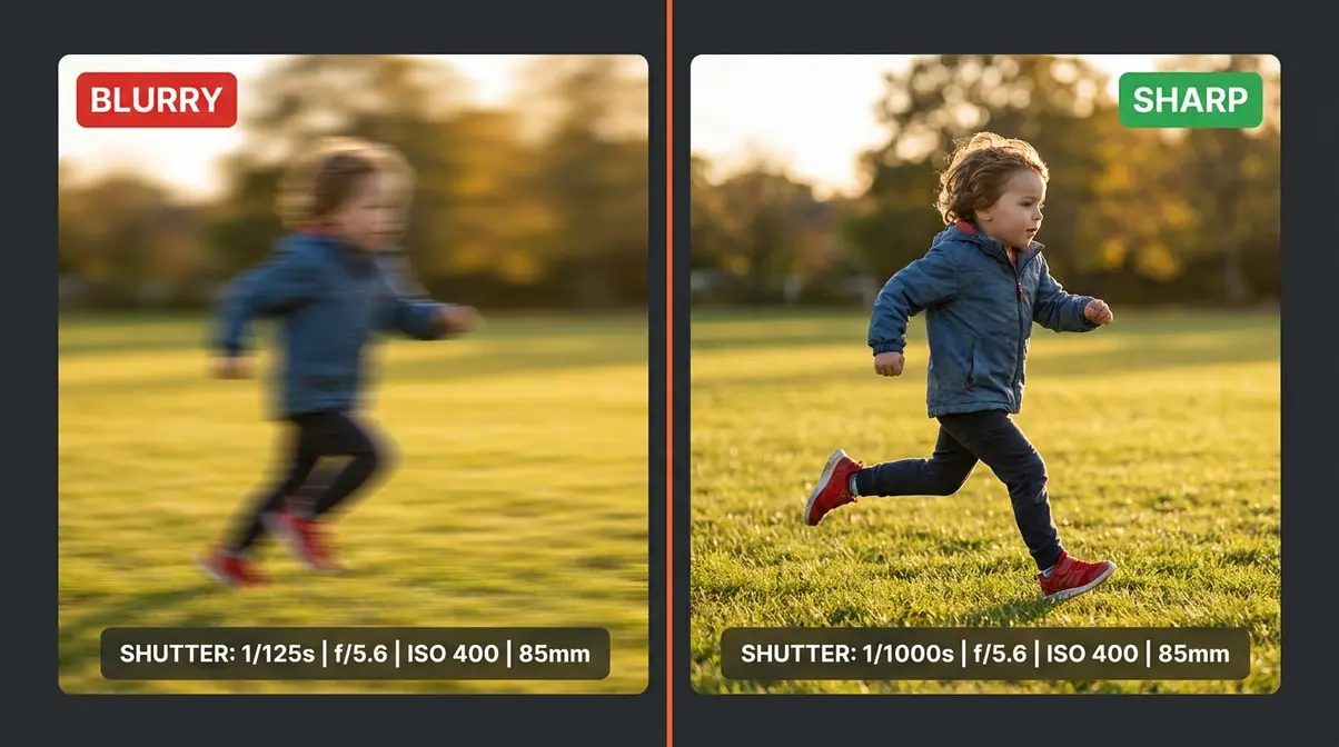Action photography settings comparison showing motion blur at 1/125s versus frozen action at 1/1000s with EXIF data overlay