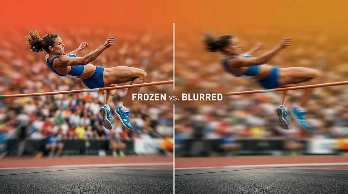 Action photography concept showing frozen athlete mid-jump compared to blurred slow-shutter result