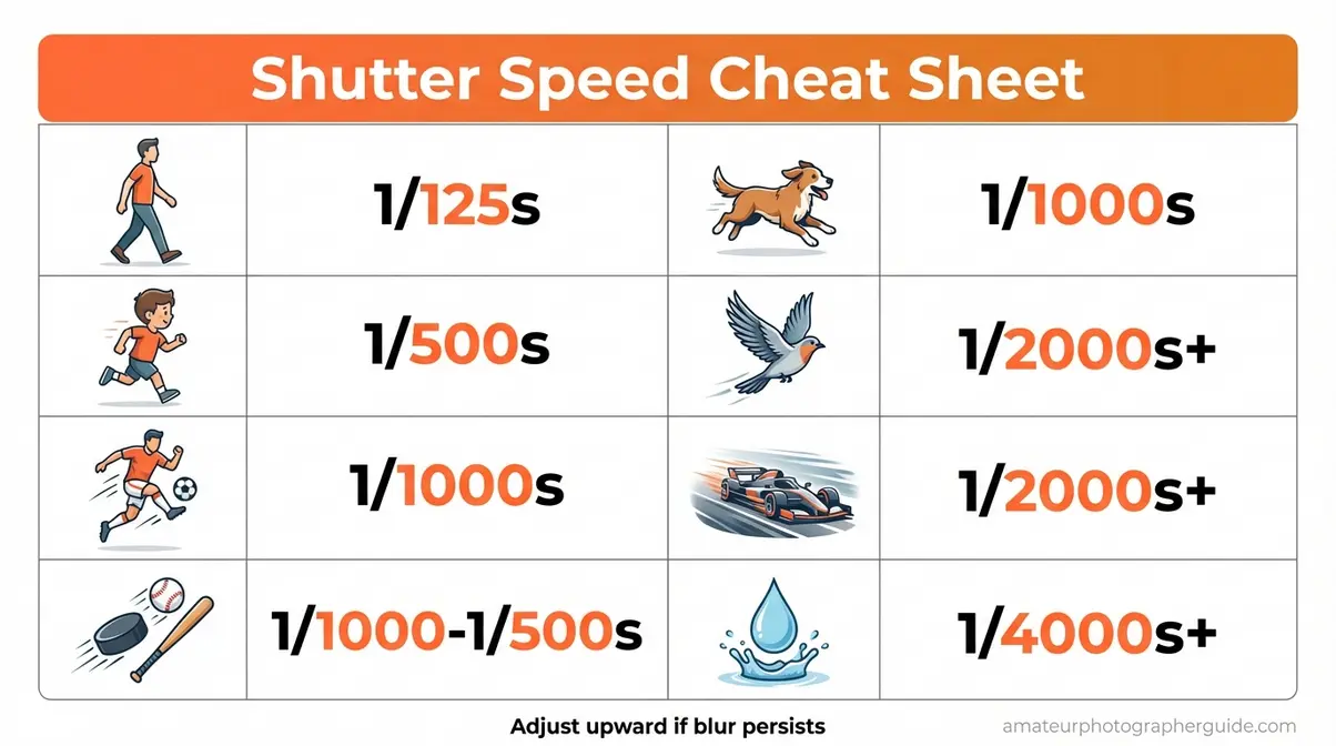 Action photography shutter speed cheat sheet infographic showing recommended settings for eight common subjects