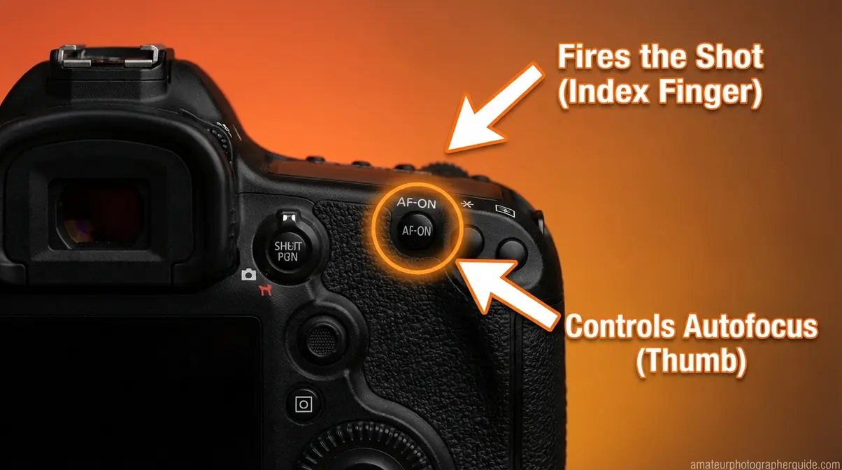 Back-button focus setup showing AF-ON button location and shutter separation on camera rear panel