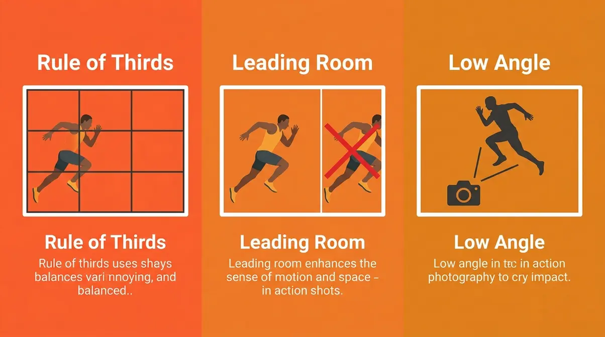 Three action photography composition techniques showing rule of thirds leading room and low angle framing