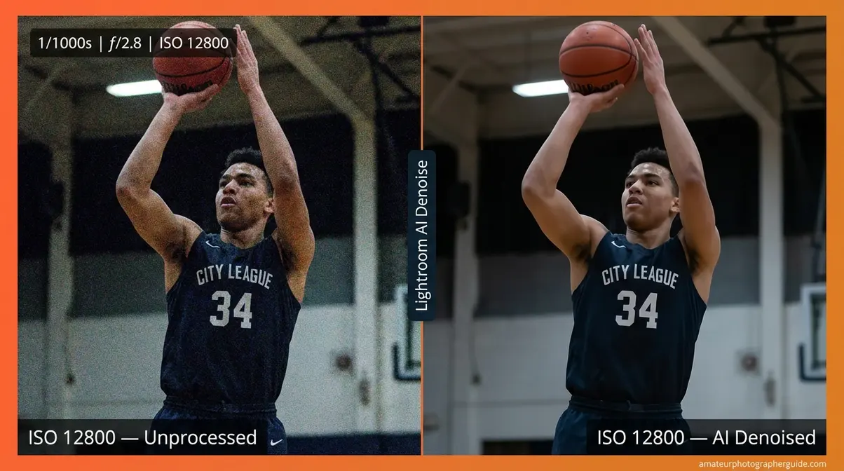 Indoor action photography low light ISO 12800 before and after AI denoising comparison showing noise reduction results