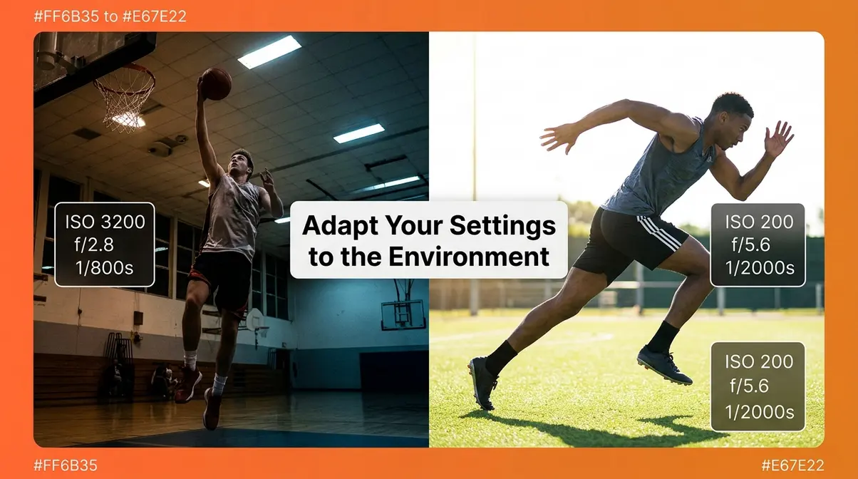 Indoor versus outdoor action photography settings comparison showing ISO aperture and shutter speed adjustments
