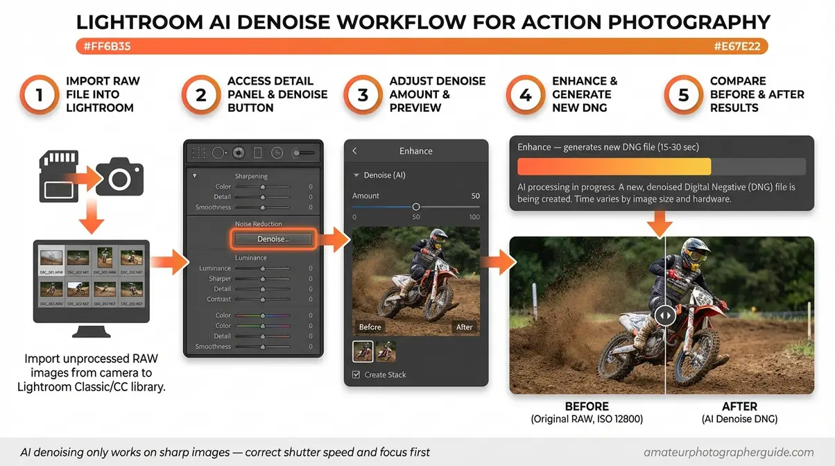 Lightroom AI denoise workflow diagram showing five steps to reduce noise in high-ISO action photography images