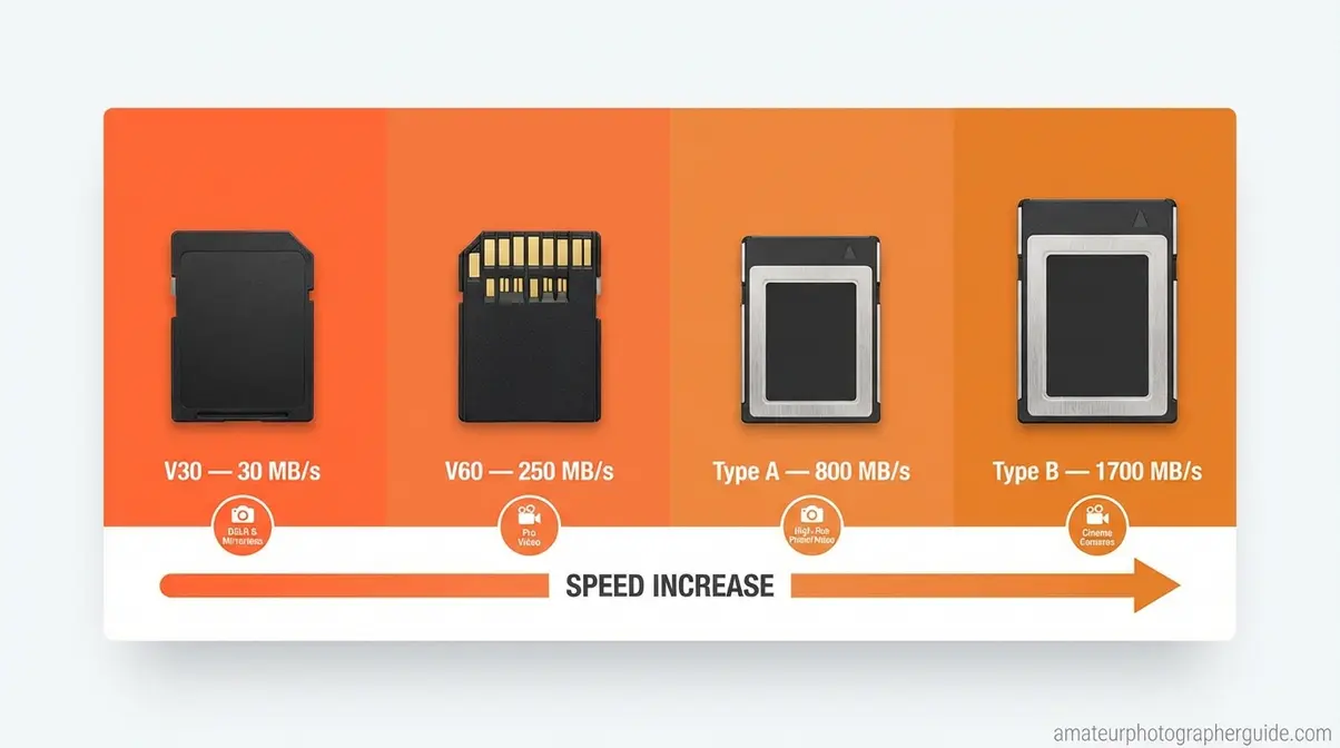 Memory card speed comparison showing UHS-I, UHS-II, CFexpress Type A and Type B cards for action photography burst shooting