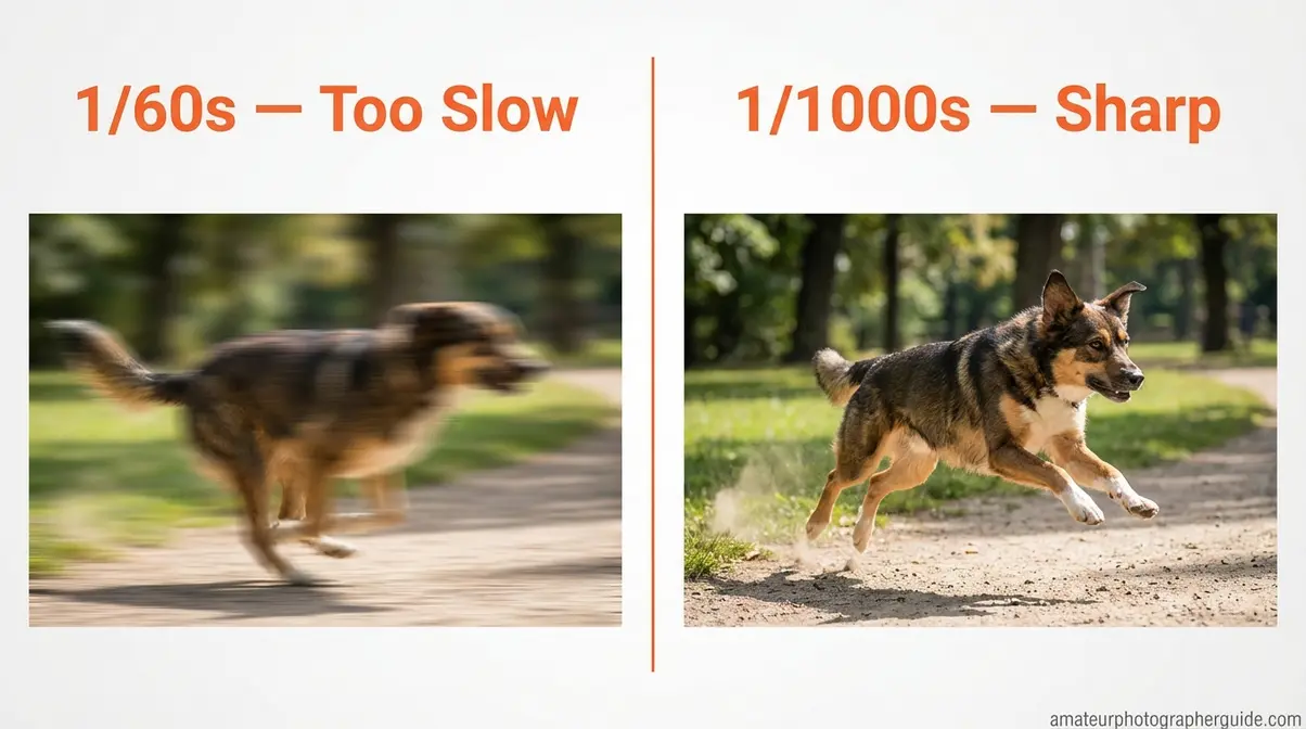 Shutter speed comparison for action photography showing blurry 1/60s result versus sharp 1/1000s frozen motion