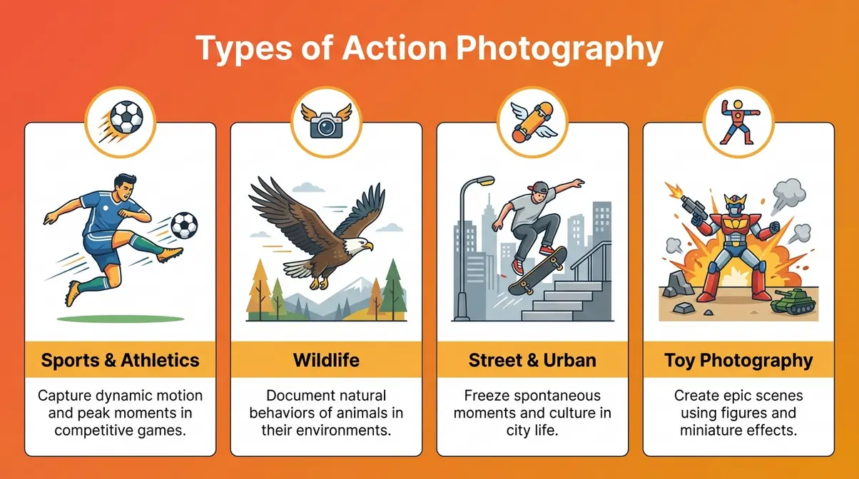 Infographic showing four types of action photography including sports wildlife street and toy photography
