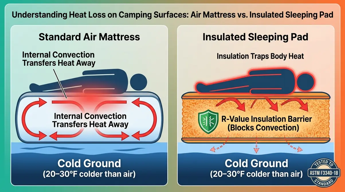 Scientific diagram showing heat loss through camping air mattress versus insulation provided by sleeping pad R-value