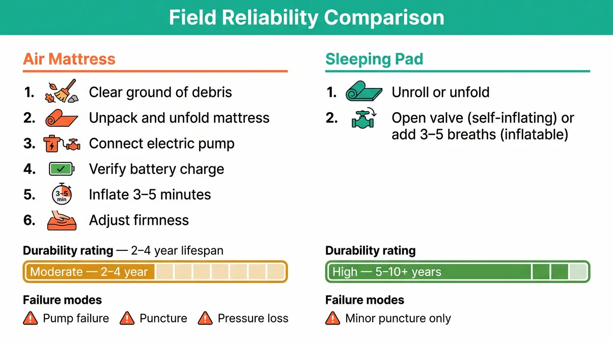 Field reliability comparison checklist showing setup steps for camping air mattress versus sleeping pad with durability ratings