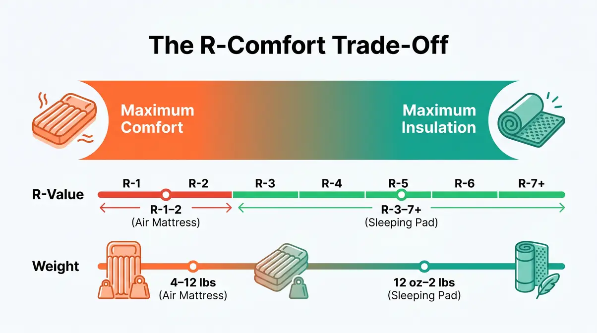 Infographic showing R-Comfort Trade-Off spectrum comparing air mattress and sleeping pad insulation and comfort axes