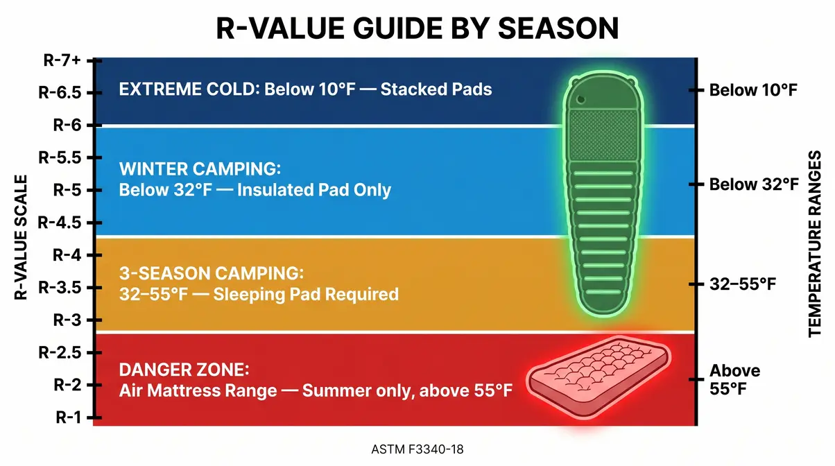 R-value guide chart comparing air mattress and sleeping pad insulation for camping by season and temperature zone