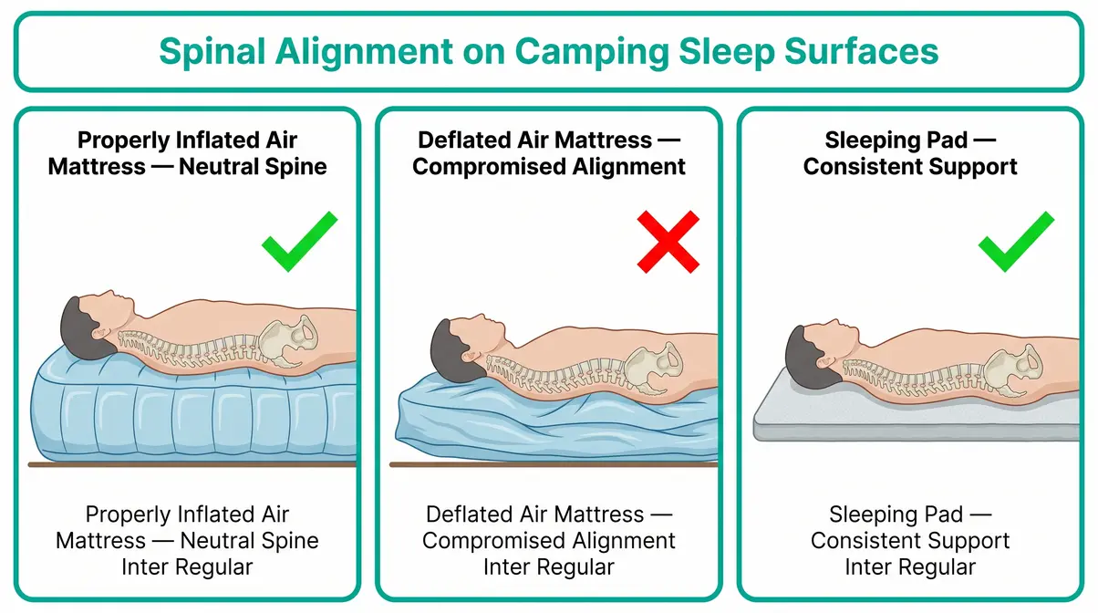 Diagram comparing spinal alignment on properly inflated air mattress, deflated air mattress, and sleeping pad for camping