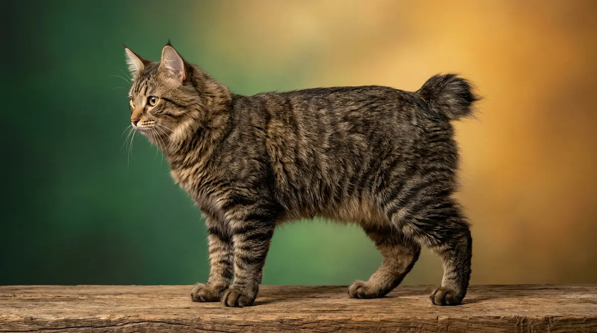 American Bobtail cat full body profile showing short tail, muscular build, tufted ears, and tabby coat