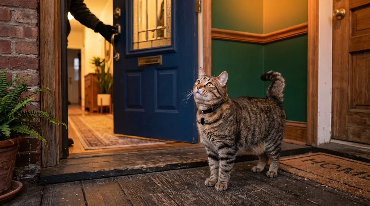 American Bobtail cat waiting at front door to greet owner, demonstrating dog-like greeting behavior