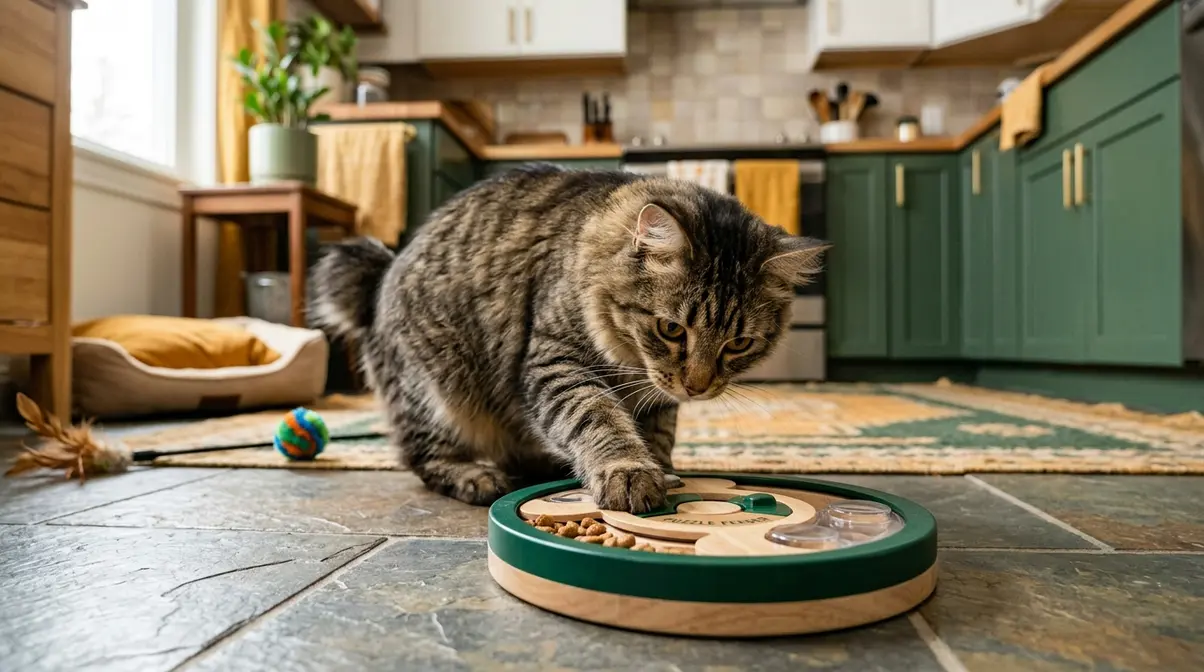 American Bobtail cat solving a puzzle feeder toy showing high intelligence and need for mental enrichment