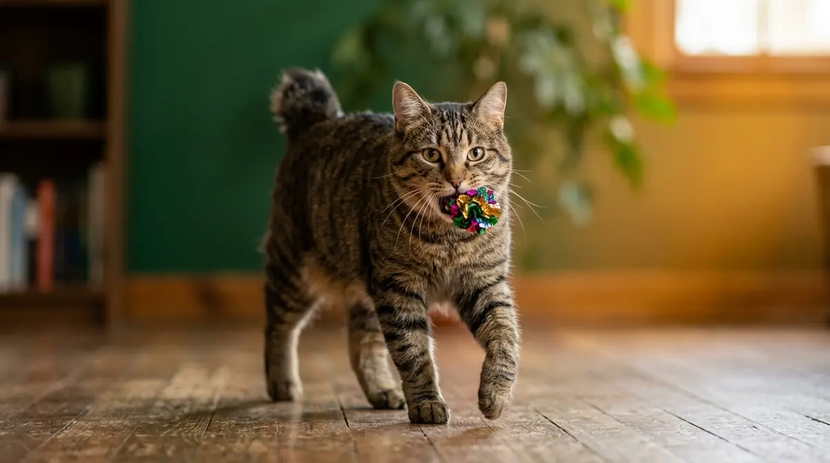 American Bobtail cat carrying a toy in its mouth during a fetch game, showing dog-like behavior