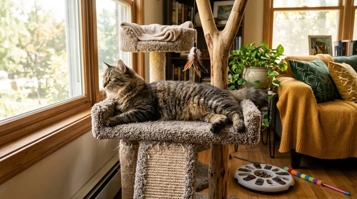 American Bobtail cat relaxing on cat tree by sunny window in enriched indoor home environment