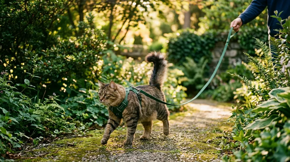 American Bobtail cat wearing harness walking on leash outdoors during training session