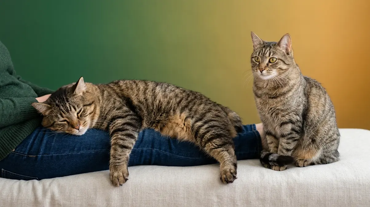 Male and female American Bobtail cats side by side showing different affection styles and temperaments